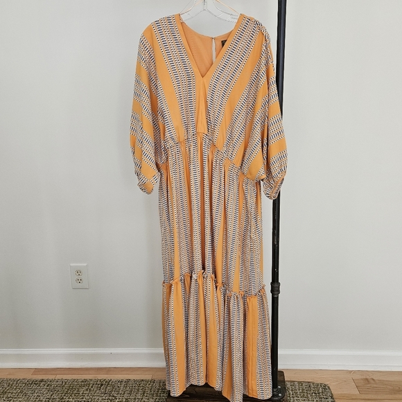 Taylor Maxi Dress 20W V Neckline 3/4 Sleeve Geometric Orange Pockets Plus Size - Picture 4 of 11